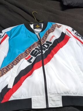 Fendi White Blue Red Logo Diagonal Stripe Bomber Jacket